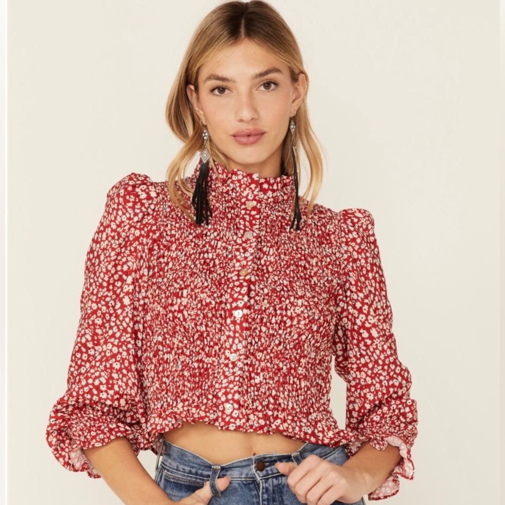 Beyond The Radar Women's Red Ditsy Smocked Button Down Blouse